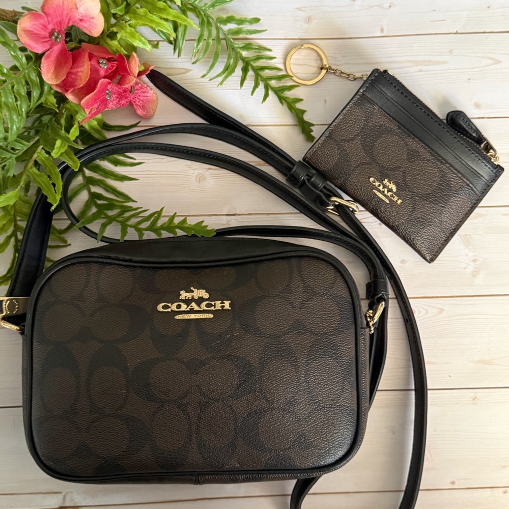 COACH Black and Brown Signature Crossbody Bag with matching COACH wallet